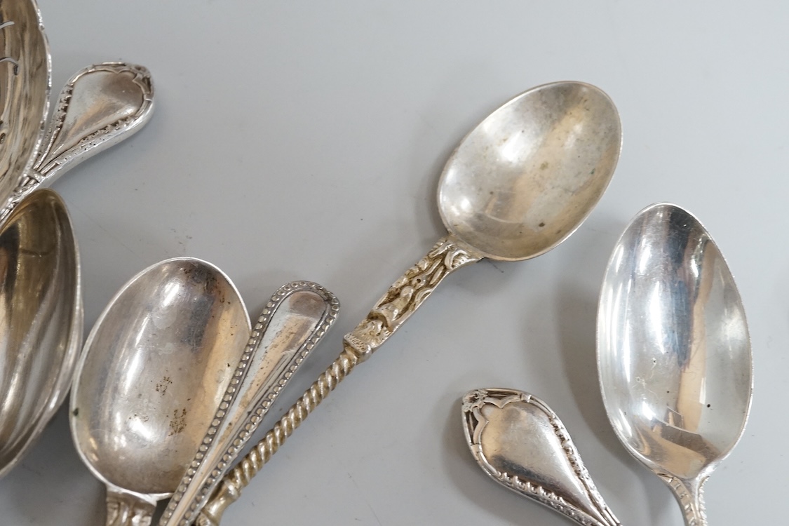 A small group of assorted mainly 20th century silver flatware, including teaspoons, replica spoons, dessert forks, sifter spoon, tea strainer, condiment spoons, Dutch white metal spoons, etc, various dates and makers, 17